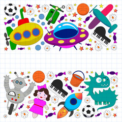 Vector pattern with toys for kids. Car, ufo, alien, airplane, teddy bear.