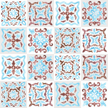 Seamless watercolor pattern. Tiles in the Moroccan style. Handmade on paper. Ornament for textiles, packaging, home decor.
