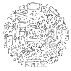 Obraz premium Vector pattern with school icons. Internet education, e-learning. Digital technology.