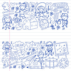 Vector pattern. School and online education. Little boys and girls play and grow together.