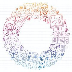 Vector pattern. School and online education. Little boys and girls play and grow together.