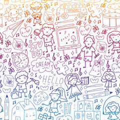 Vector pattern. School and online education. Little boys and girls play and grow together.