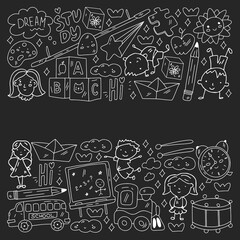 Vector pattern. School and online education. Little boys and girls play and grow together.