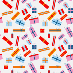 Party presents colorful seamless pattern. Flat design. Colorful wrapped. Sale, trading concept. Collection for Birthday, Christmas. Vector illustration.