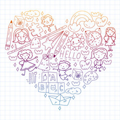 Vector pattern. School and online education. Little boys and girls play and grow together.