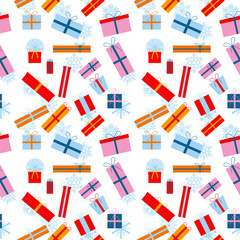 Party presents colorful seamless pattern. Flat design. Colorful wrapped. Sale, trading concept. Collection for Birthday, Christmas. Vector illustration.