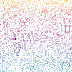 Vector pattern. School and online education. Little boys and girls play and grow together.