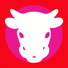 White bull on red and pink background, cow silhouette, animal illustration, poster, card, vector