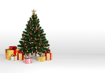Christmas tree with gifts with white isolate background. 3D rendering