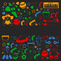 Vector pattern with the collection of toys. Doll, submarine, plane, ship. Children and kindergarten illustration.