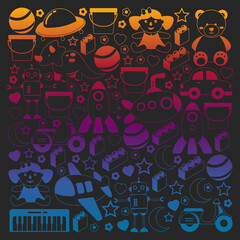 Vector pattern with the collection of toys. Doll, submarine, plane, ship. Children and kindergarten illustration.