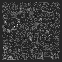 Children play with toys in the kindergarten. Kids playground. Education, creativity, imagination.