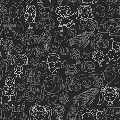 Seamless pattern. Kindergarten and toys. Little children game. Kids playground. Education, creativity, imagination.