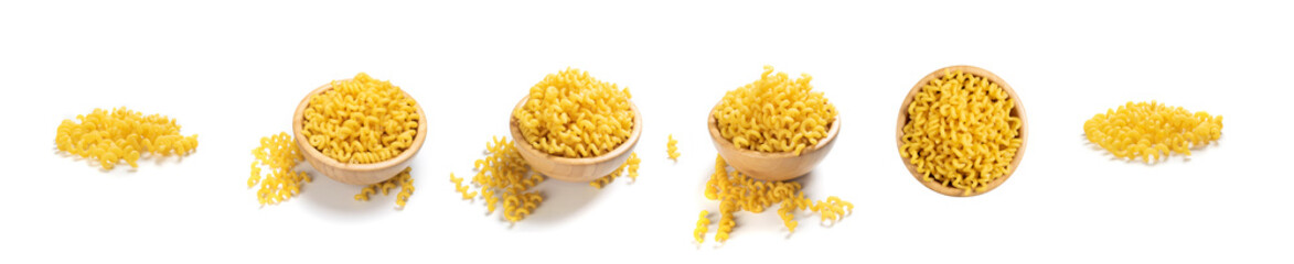 Raw yellow cavatappi pasta isolated on white background