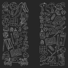 Children play with toys in the kindergarten. Kids playground. Education, creativity, imagination.