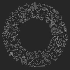 Children play with toys in the kindergarten. Kids playground. Education, creativity, imagination.