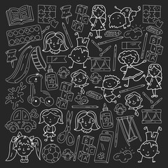 Kindergarten. Vector pattern with toys and small children. Preschool education.