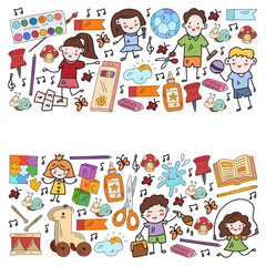Kindergarten and toys. Little children game. Kids playground. Education, creativity, imagination.