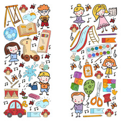 Fototapeta premium Kindergarten and toys. Little children game. Kids playground. Education, creativity, imagination.