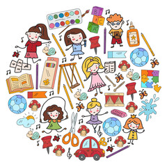 Kindergarten and toys. Little children game. Kids playground. Education, creativity, imagination.