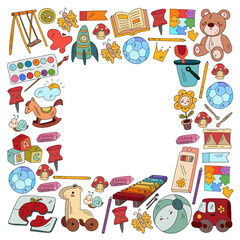 Kindergarten and toys. Little children game. Kids playground. Education, creativity, imagination.