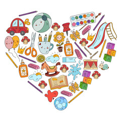 Kindergarten and toys. Little children game. Kids playground. Education, creativity, imagination.