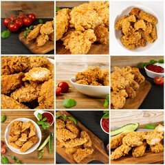 Breaded Fried Chicken Collage, Various Hot Crispy Chicken Nuggets