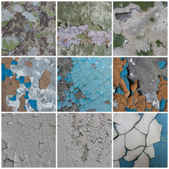 Set of peeling paint textures. Old concrete walls with cracked flaking paint. Weathered rough...