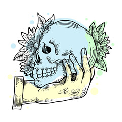 Human skull in hand sketch engraving vector illustration.