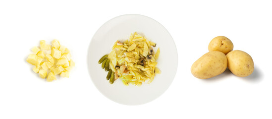 Homemade Fried Potatoes, Mushrooms, Meat, Pickled Cucumbers