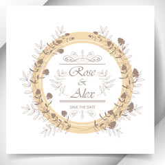 Round floral frame with golden contour decorative herbs against a champagne color background. Registration of wedding invitations, congratulations, cards.
