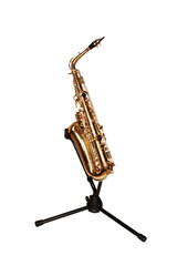 Vertical shot of saxophone on stand  isolated on white background