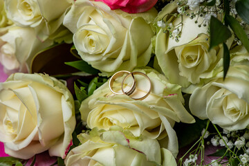 two wedding rings on a white rose bud