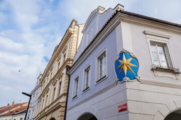 Colorful renaissance and baroque houses in medieval royal town Melnik in sunny autumn day, narrow...