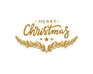 Christmas lettering with fir tree branches. Merry Christmas handwritten calligraphy. Vector illustration.
