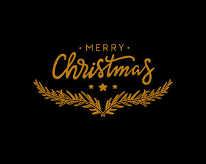 Christmas lettering with fir tree branches. Merry Christmas handwritten calligraphy. Vector illustration.