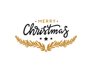Christmas lettering with fir tree branches. Merry Christmas handwritten calligraphy. Vector illustration.