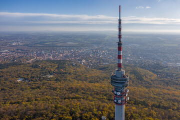 Obraz premium Hungary - TV tower in Pecs with Mecsek hills from drone view