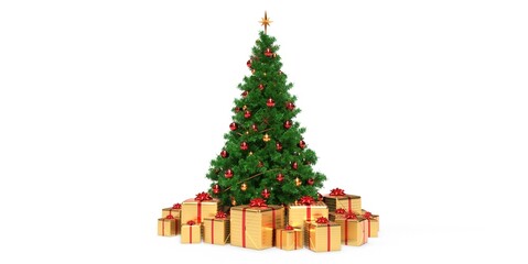 Sapin de Noël avec plein de cadeaux dorés sur fond blanc