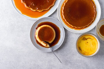 Custard Creme Caramel Flan dessert oven cooked. Homemade milk and egg dessert with caramelized sugar sauce