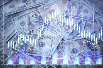 Double exposure of forex graph drawing over us dollars bill background. Concept of financial markets.
