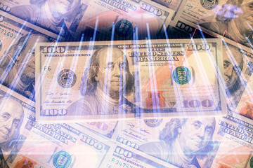 Multi exposure of forex chart drawing over us dollars bill background. Concept of financial success markets.