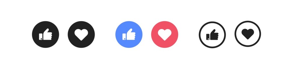 Like button icon. Heart abd hand up, social media symbol set. Love concept, finger up in vector flat