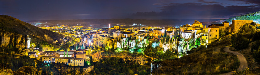 Cityscape of Cuenca at night in Castile - La Mancha, Spain