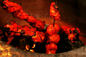 chicken tikka, spice marinated chicken cubes on skewer cooked in a tandoor oven