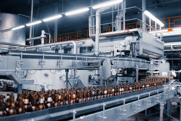 Bottle washing sterilization machine. Glass bottle washing line in a brewery