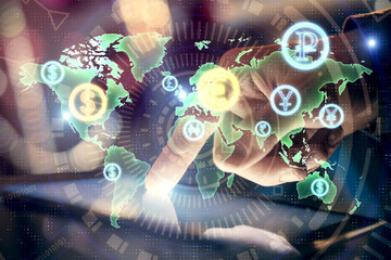 Multi exposure of man's hands holding and using a phone and financial chart drawing. Market analysis concept.