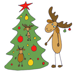 Elk and Christmas tree with decorations, graphic color drawing on white background