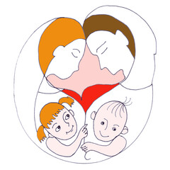 Family with two children, family love, graphic color drawing on a white background