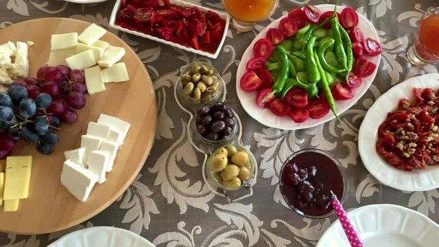 Footage of traditional Turkish breakfast table.